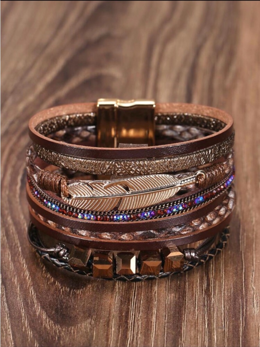 Women’s Multi-Strand Brown Leather Bracelet with Feather Accent